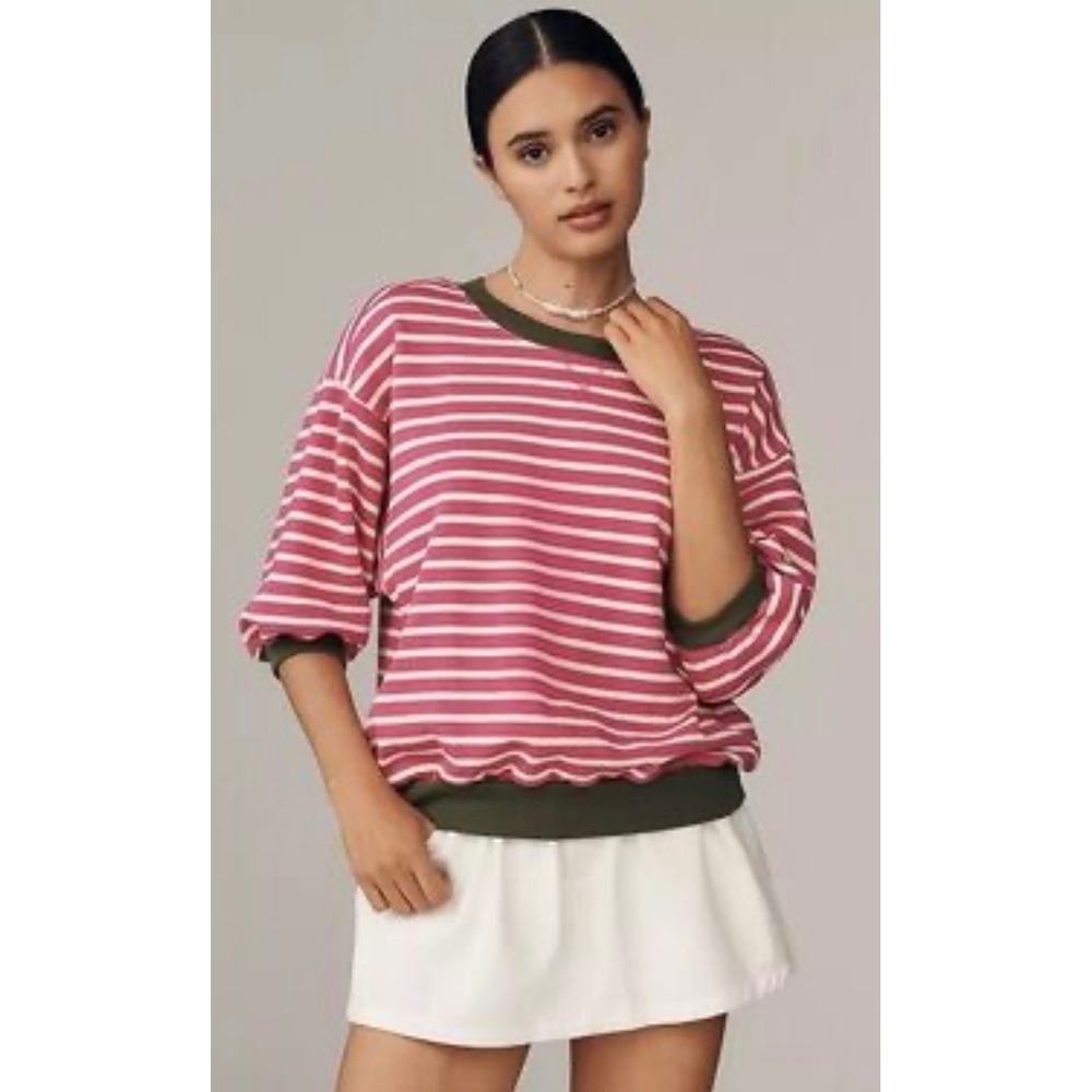 Pilcro Anthropologie Niki Bubble Sweatshirt Stripe Pink Olive Green Medium